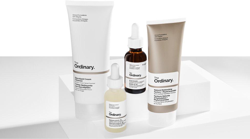 The Ordinary products displayed on white blocks