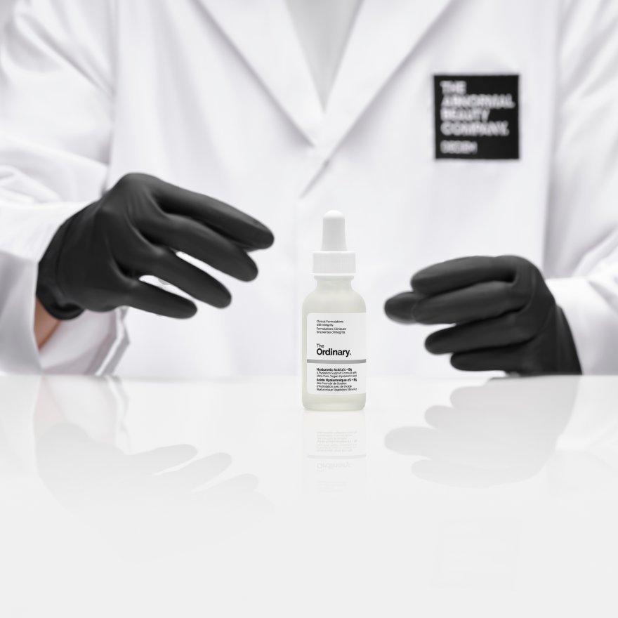 The Ordinary: Scientific formulation and quality testing of a skincare serum Hyaluronic Acid 2% + B5 in a lab environment.