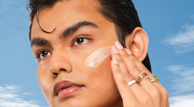 The Ordinary UV Filters SPF 45 Serum: Medium-toned man applying broad-spectrum, no white cast sunscreen for daily UV protection.