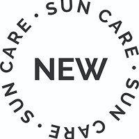 Circlular badge that reads "New Suncare".