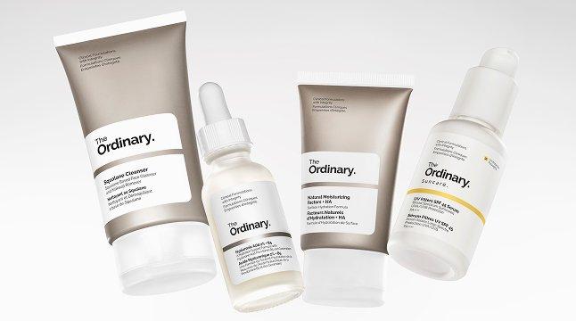 A full regimen of The Ordinary skincare products including Squalane Cleanser, Hyaluronic Acid 2% + B5, Natural Moisturizing Factors + HA and UV Filters SPF 45 Serum