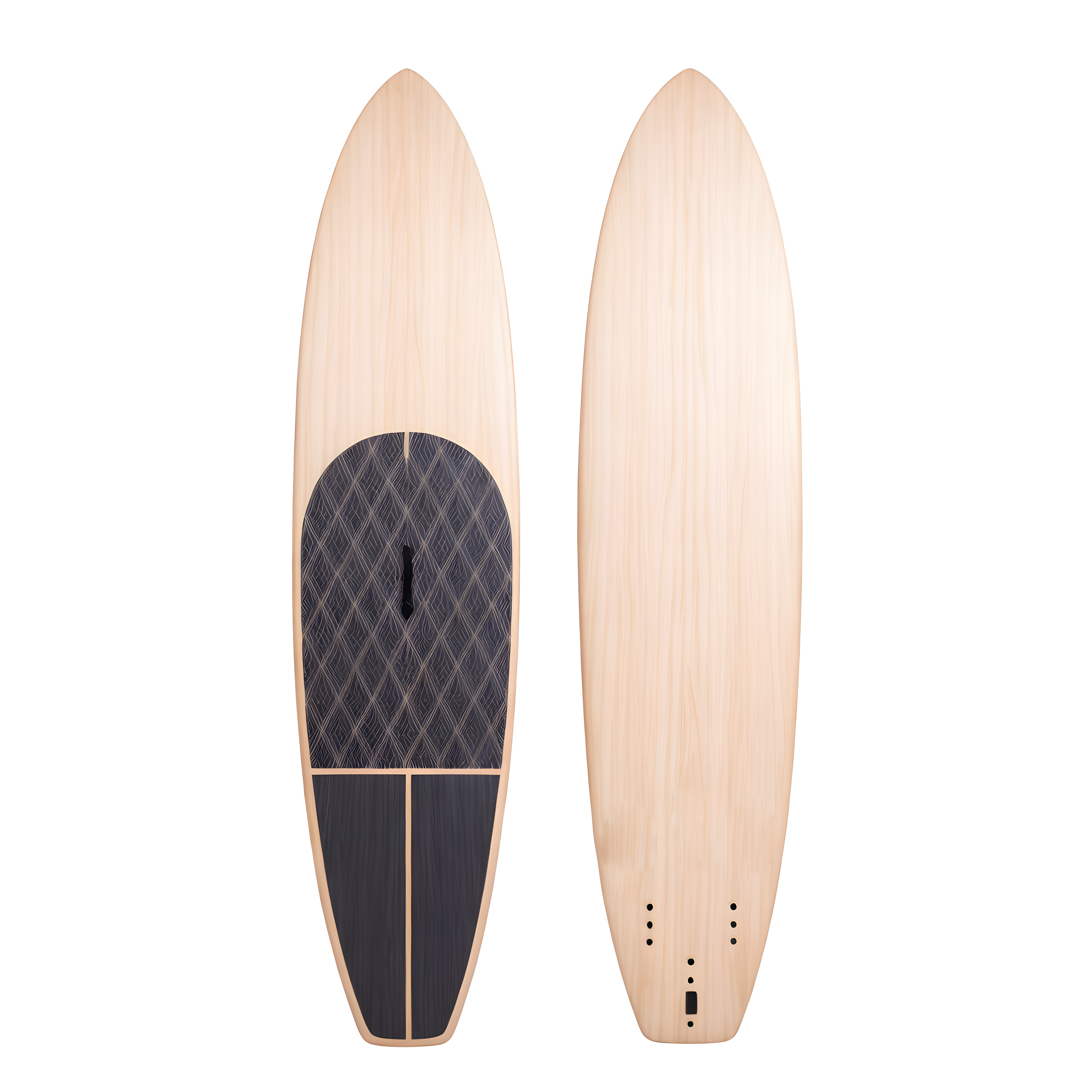 two surfboards are shown with a black and white design