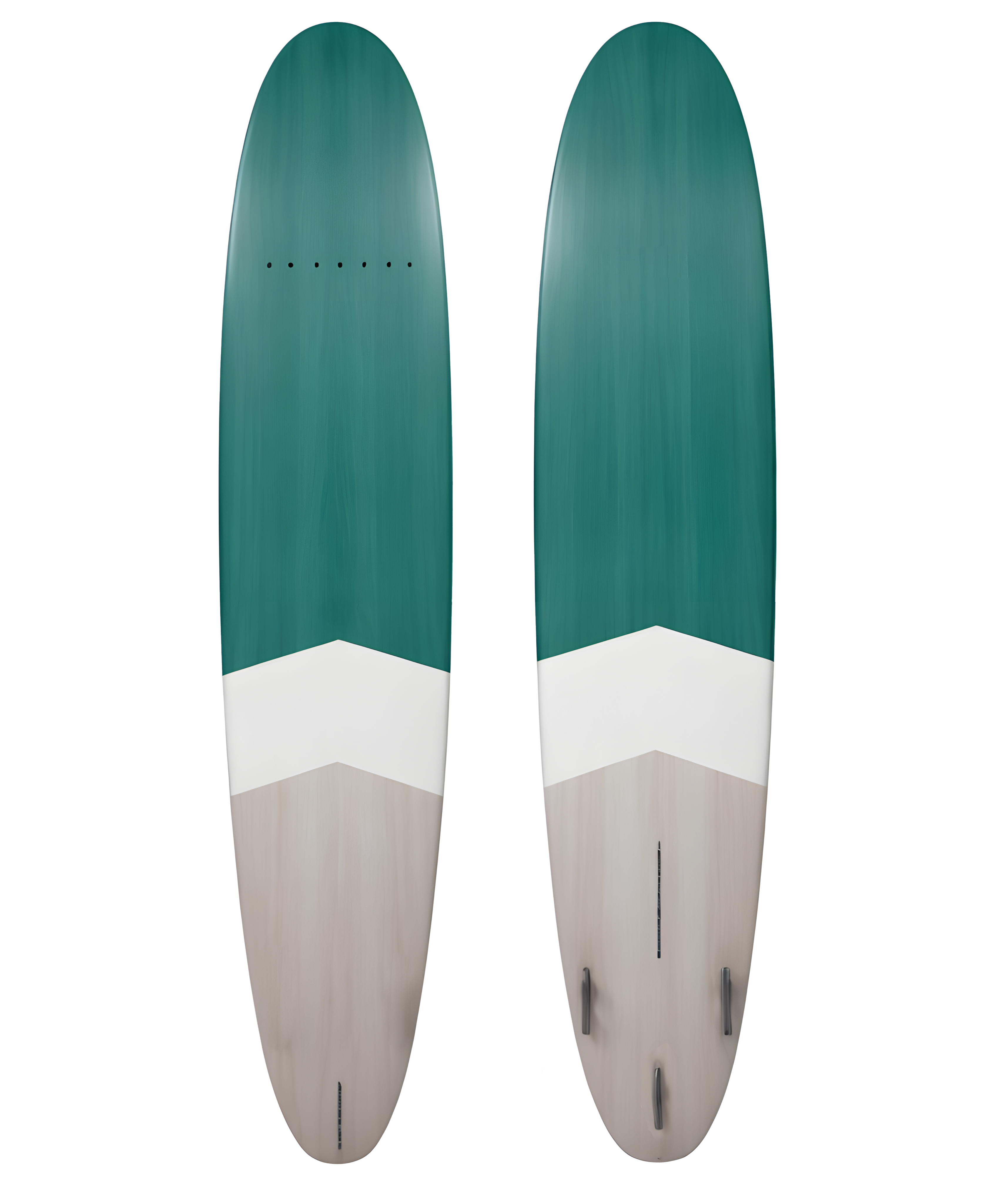 two green and white surfboards are shown on a black background