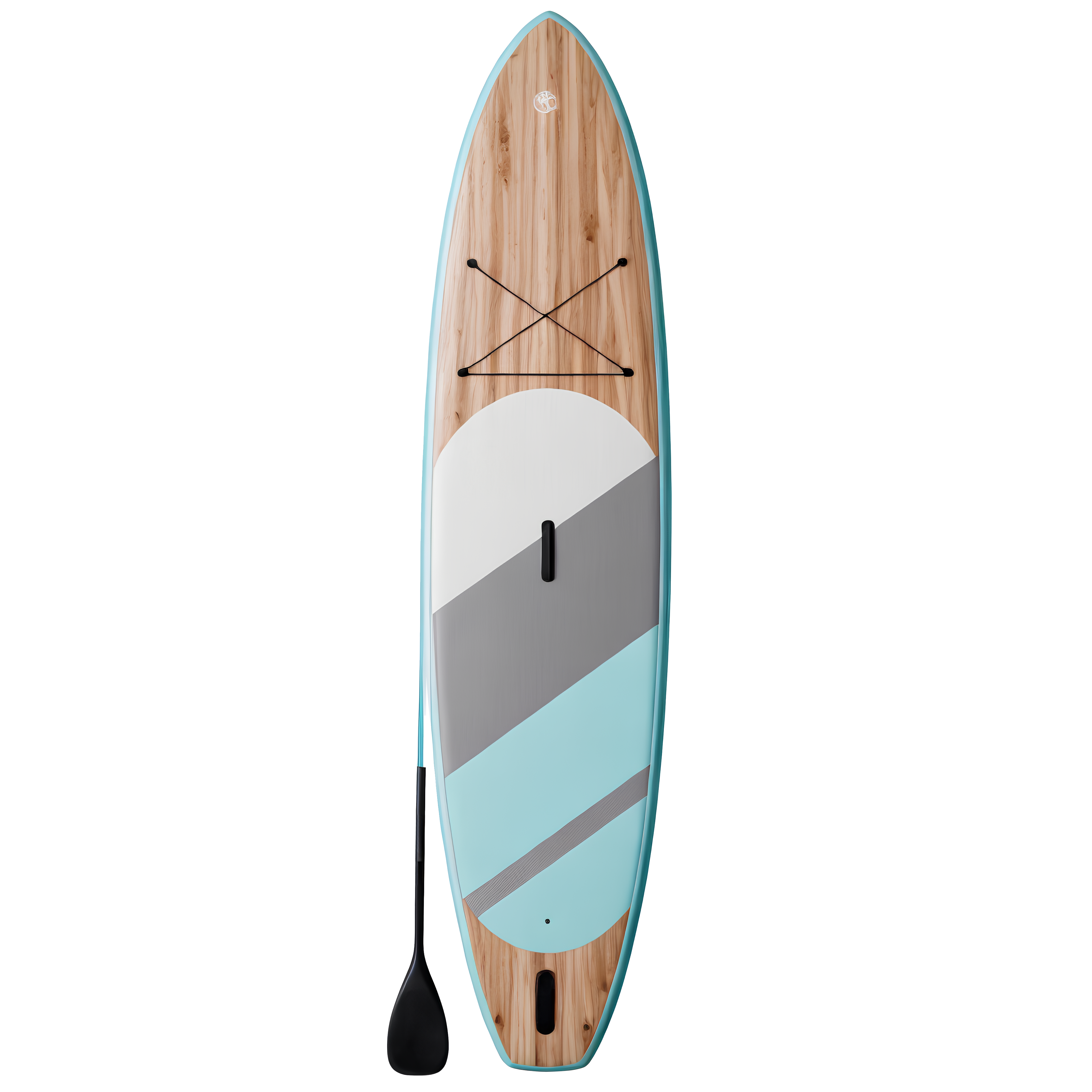 a paddle board with a blue and green stripe on it