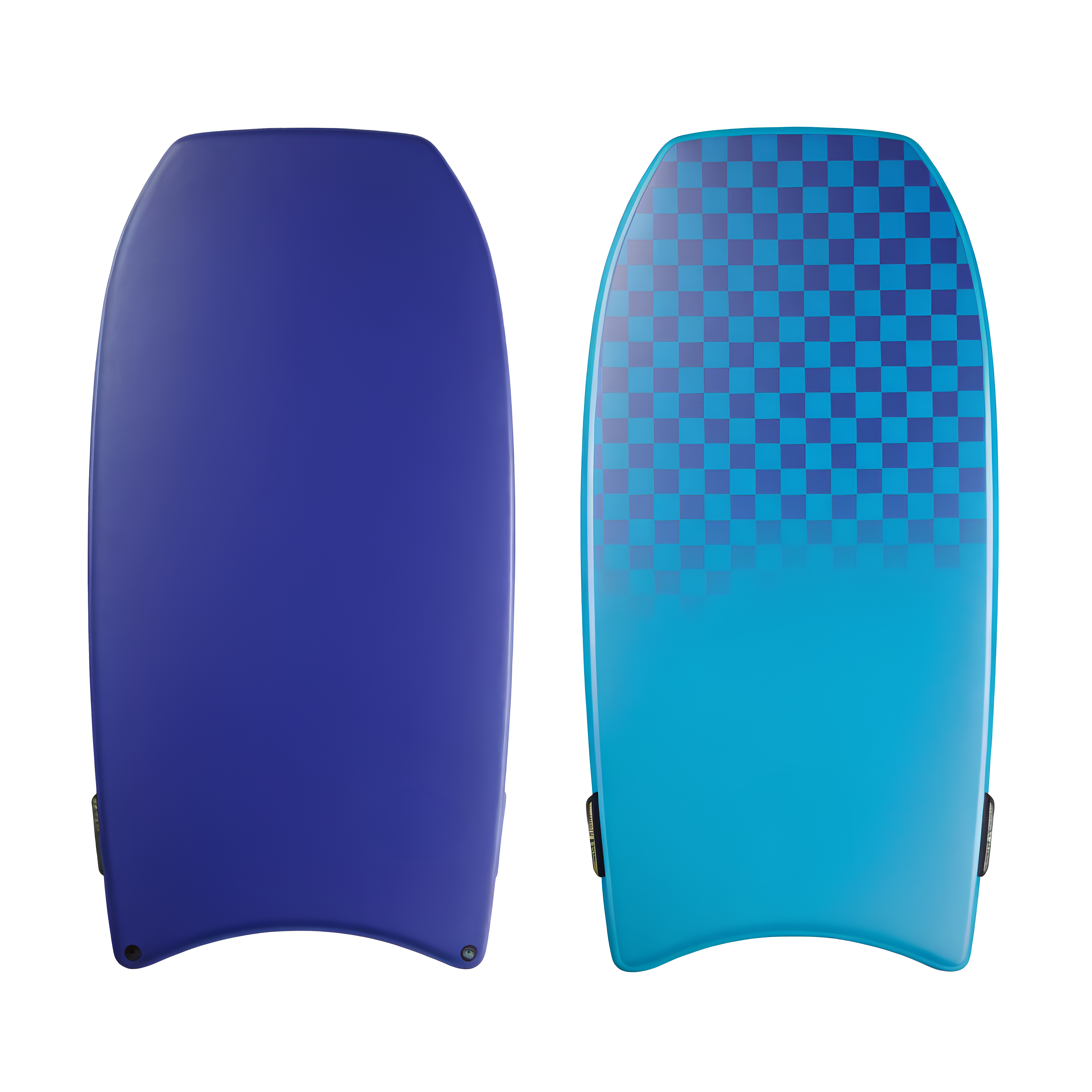 two blue and purple surfboards with checkered designs