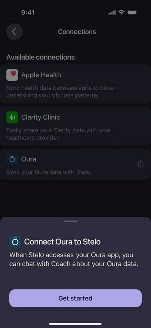 Connections section of Stelo App with popup for Connect Oura to Stelo