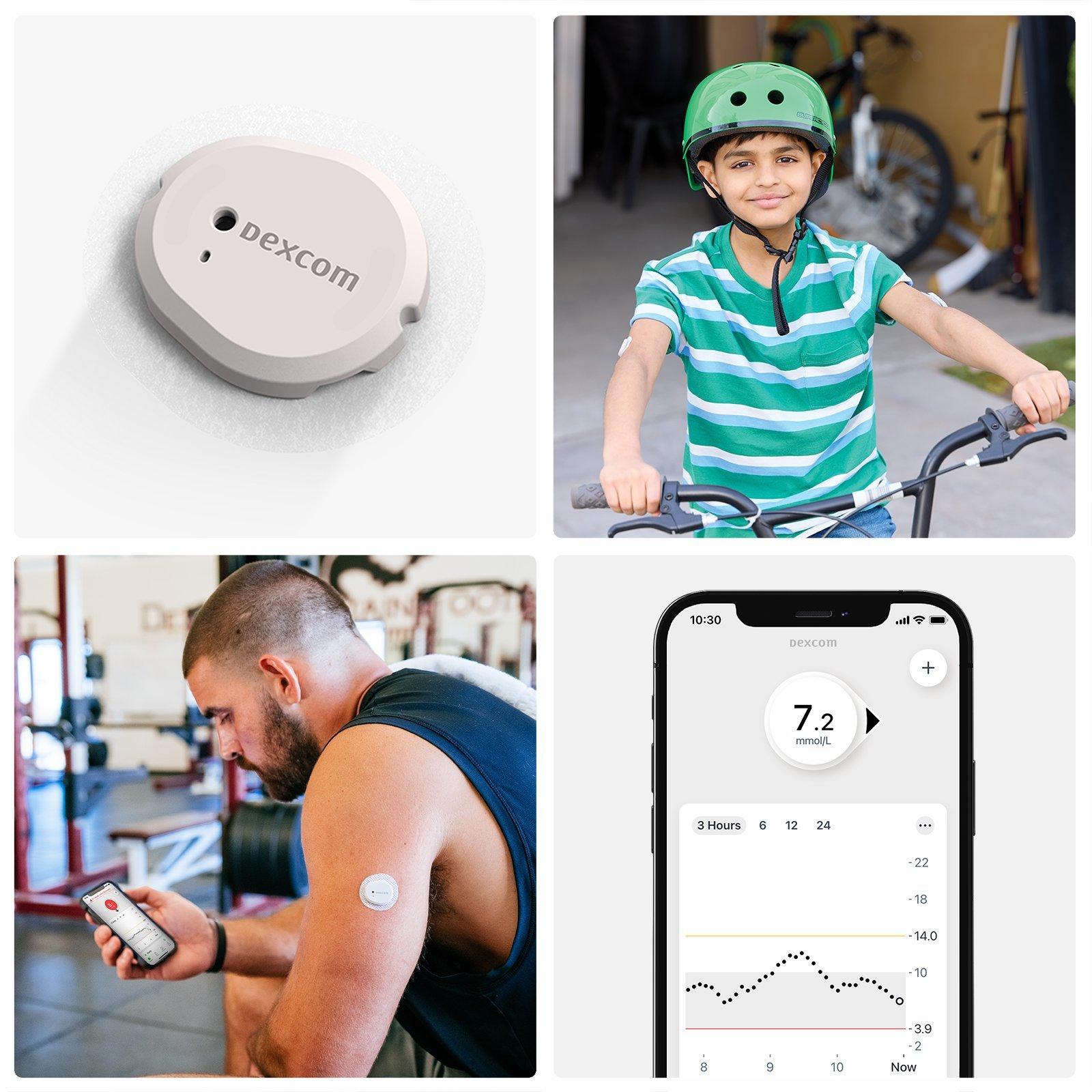 A Dexcom G7 sensor, examples of everyday people using Dexcom G7, and our G7 application screen.