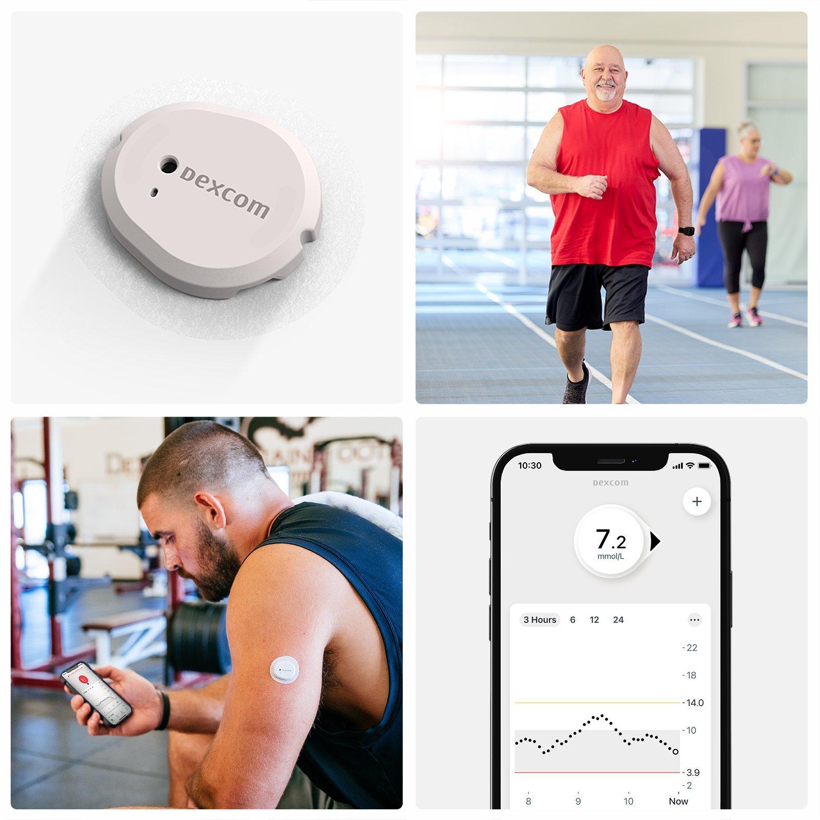 A Dexcom G7 sensor, examples of everyday people using Dexcom G7, and our G7 application screen.
