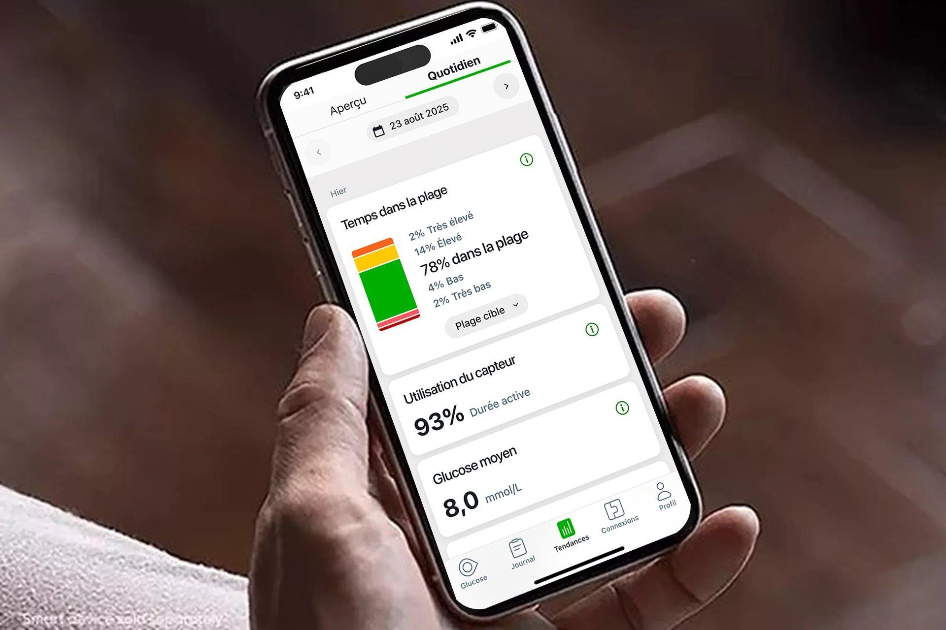 Dexcom G7 application showing the trends tab