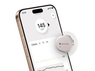 Dexcom app displayed on a mobile device with the Dexcom G7 device displayed next to the phone