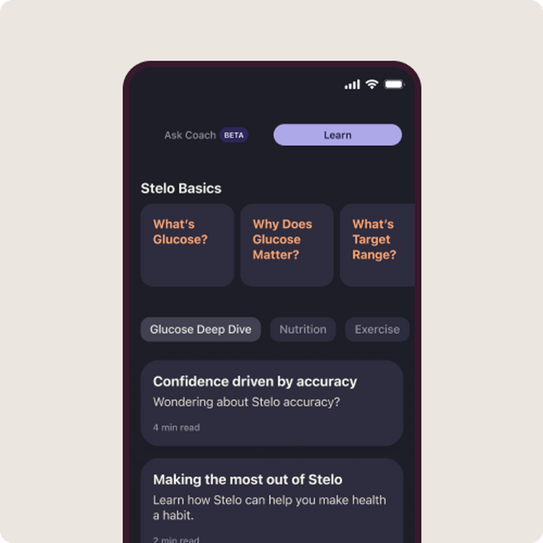 Stelo AI Coach app capability on smart phone supporting patient outcomes with AI-powered coaching.
