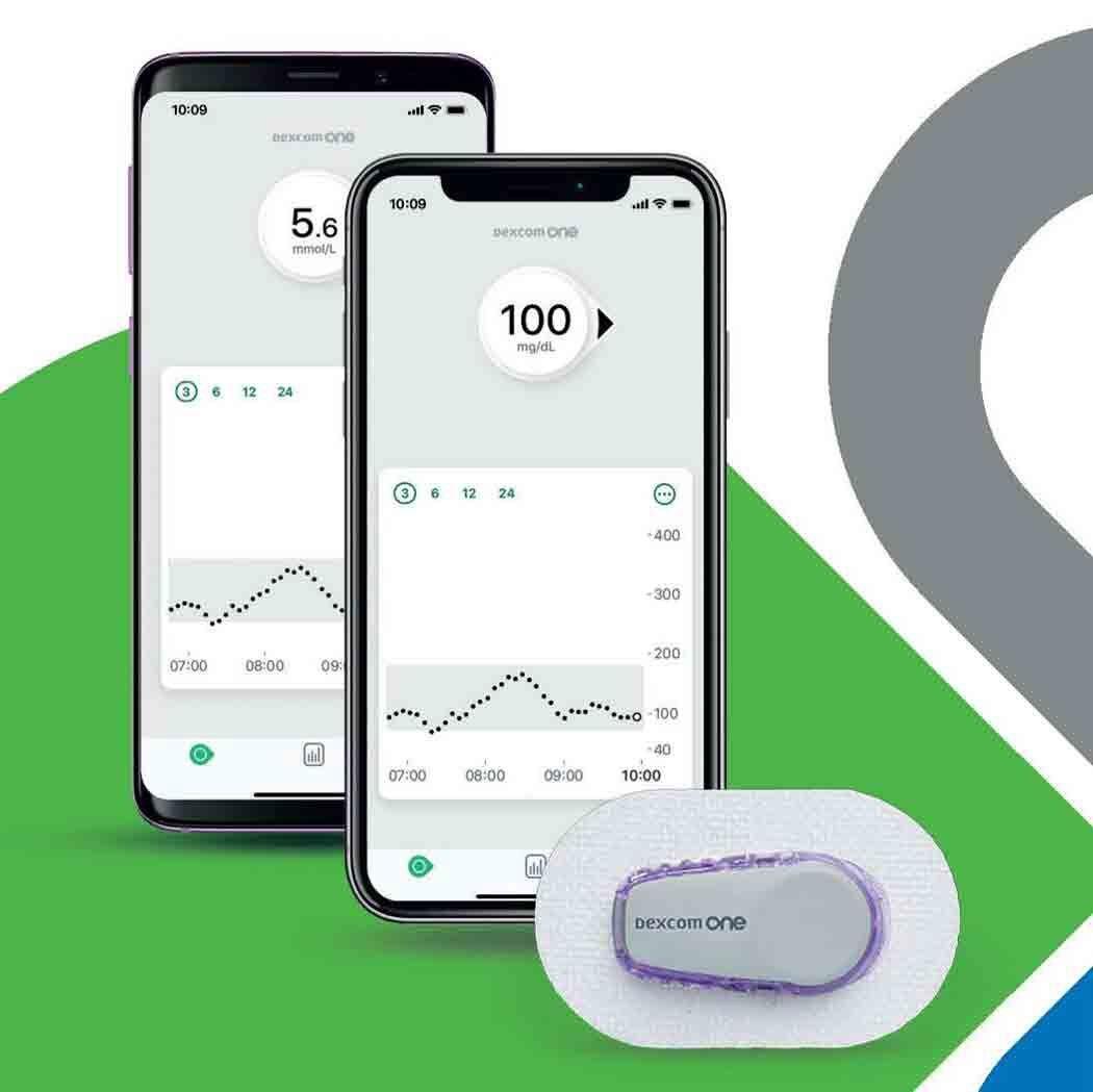 Dexcom ONE ierīce un divi iPhone tālruņi ar mgdl un mmol rādījumiem lietotnē