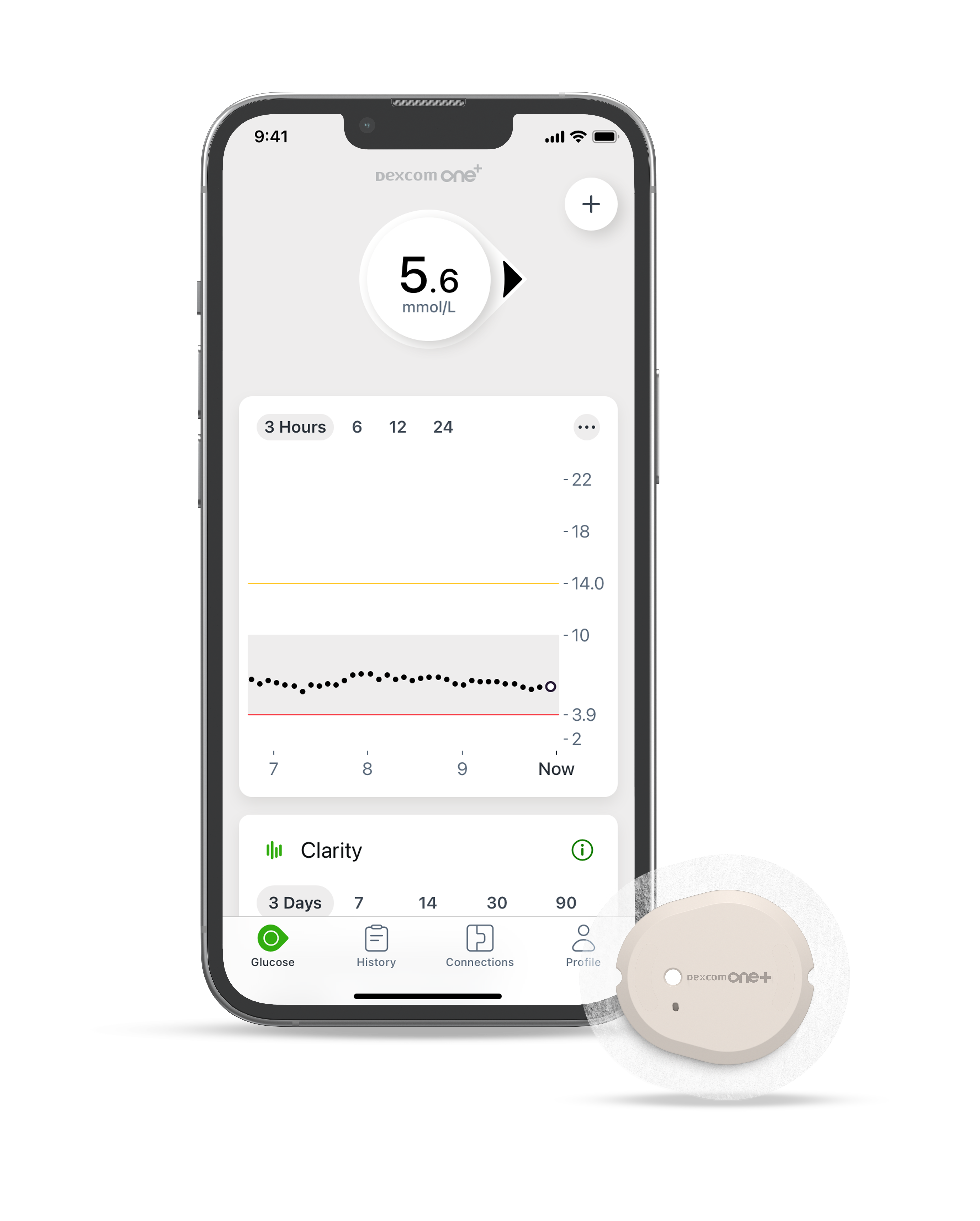 Smartphone che mostra una schermata dell'applicazione Dexcom ONE+
