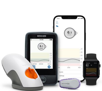 Photo of Dexcom G6 components including auto applicator, sensor and transmitter and display device.