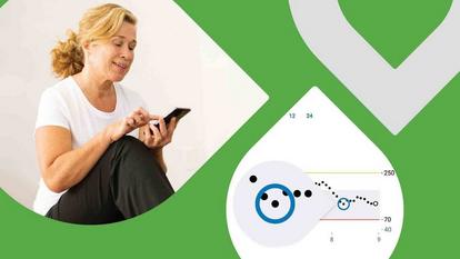 Žena koja koristi aplikaciju Dexcom prikazuje krivulju vrijednosti glukoze kroz vrijeme - sličica videozapisa
