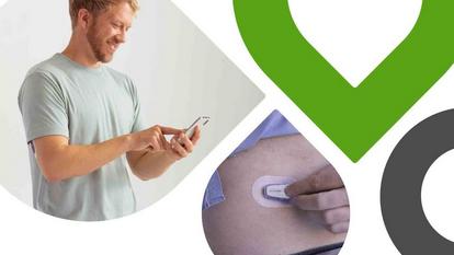 Man looking at phone and belly showing Dexcom ONE device - video thumbnail