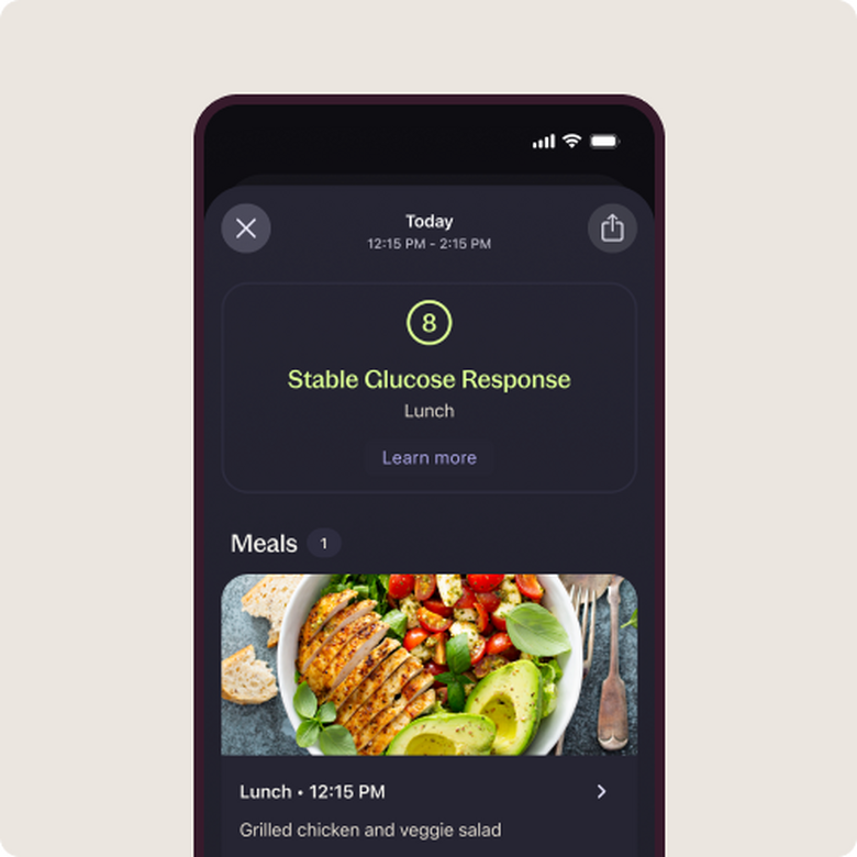 Stelo Smart Meal Logging on phone showing stable glucose response and logged meals for lunch.