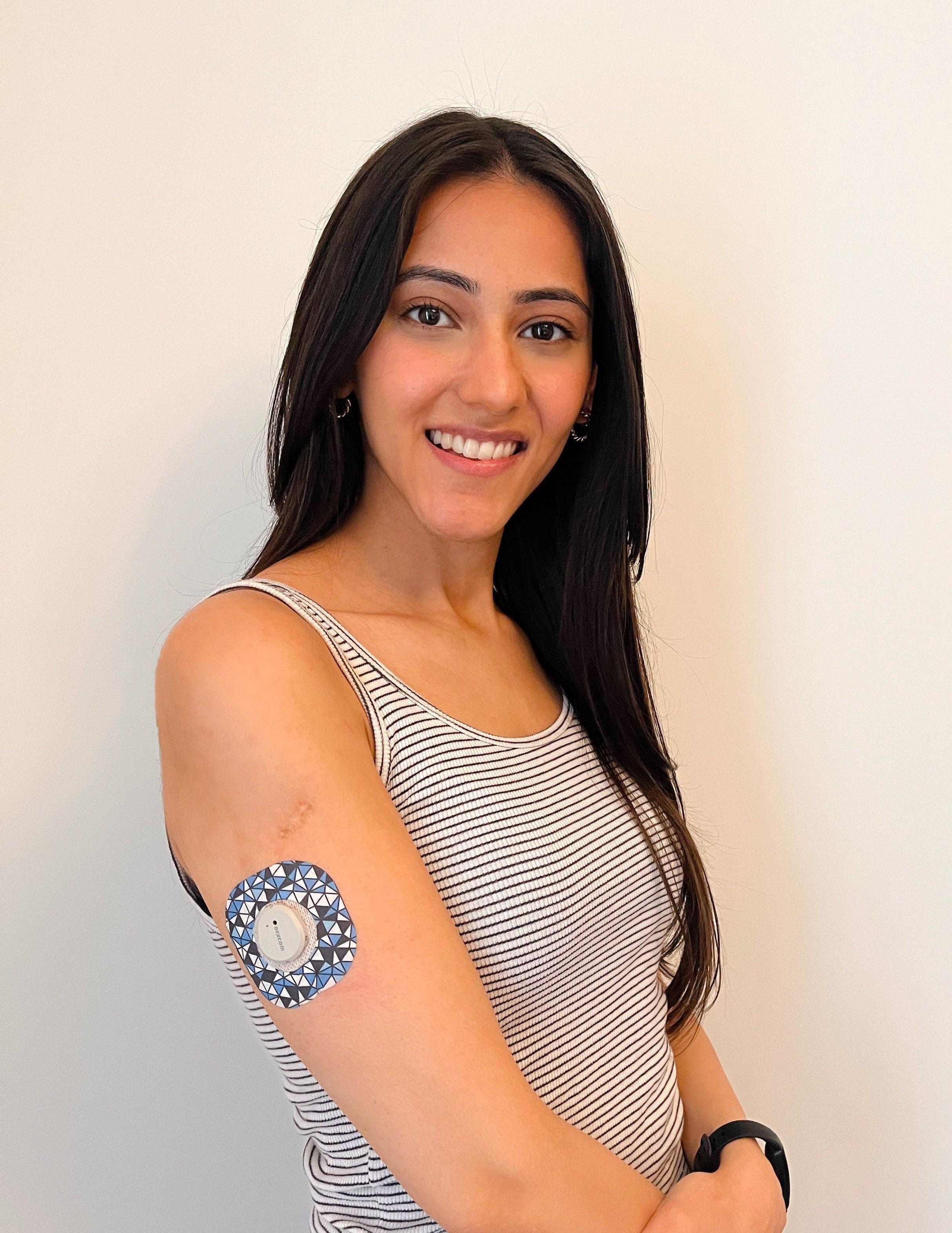 Woman with diabetes wearing a diabetic patch