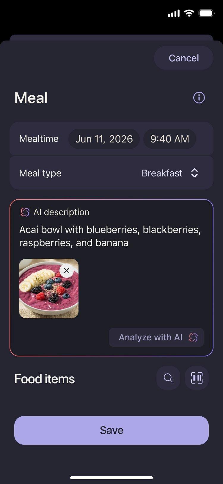 Loggin meal of Acai bowl with blueberries, blackberries, raspberries, and banana for breakfast