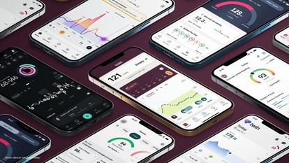 An array of phones with different health apps open