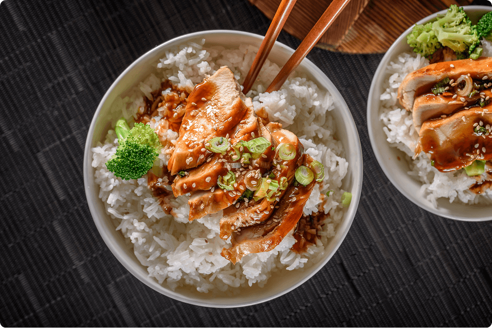 Chicken, rice, and broccoli meal in a bowl