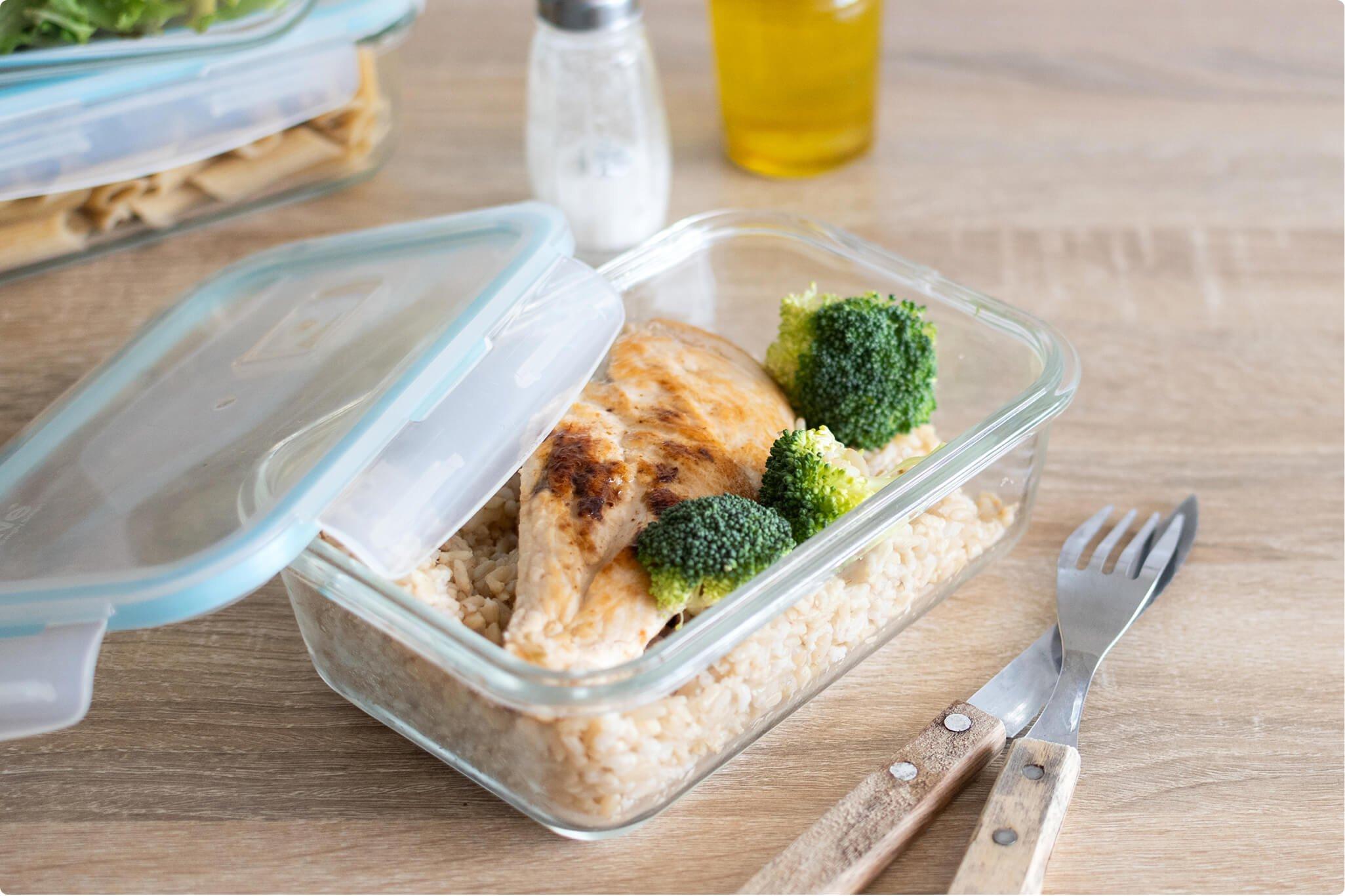 Chicken, rice, and broccoli in a leftover container