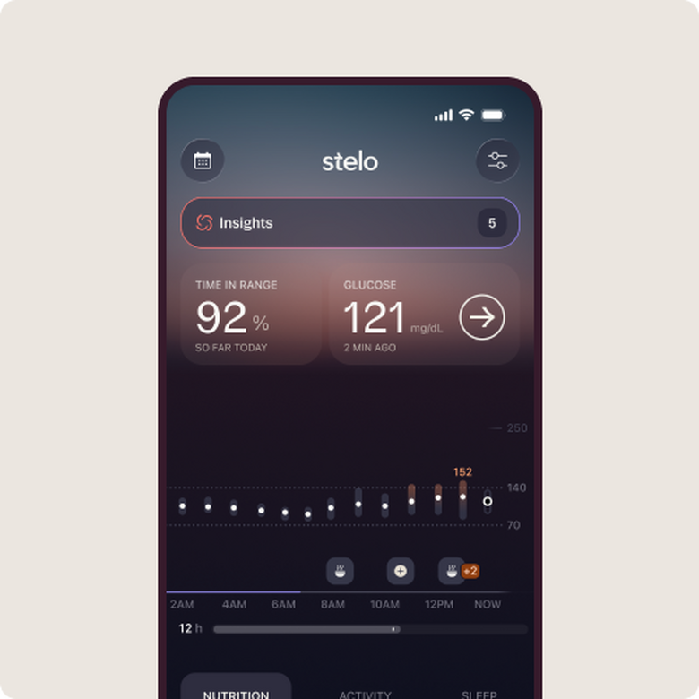 Stelo app glucose insights tab on phone showing Time in Range and Glucose Score.