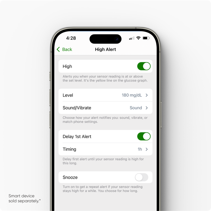 High Alert settings menu in Dexcom App