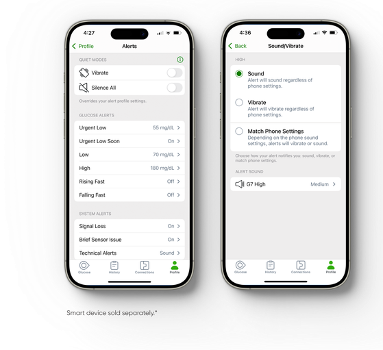 Alerts and Sound/Vibrate settings Menu in Dexcom App
