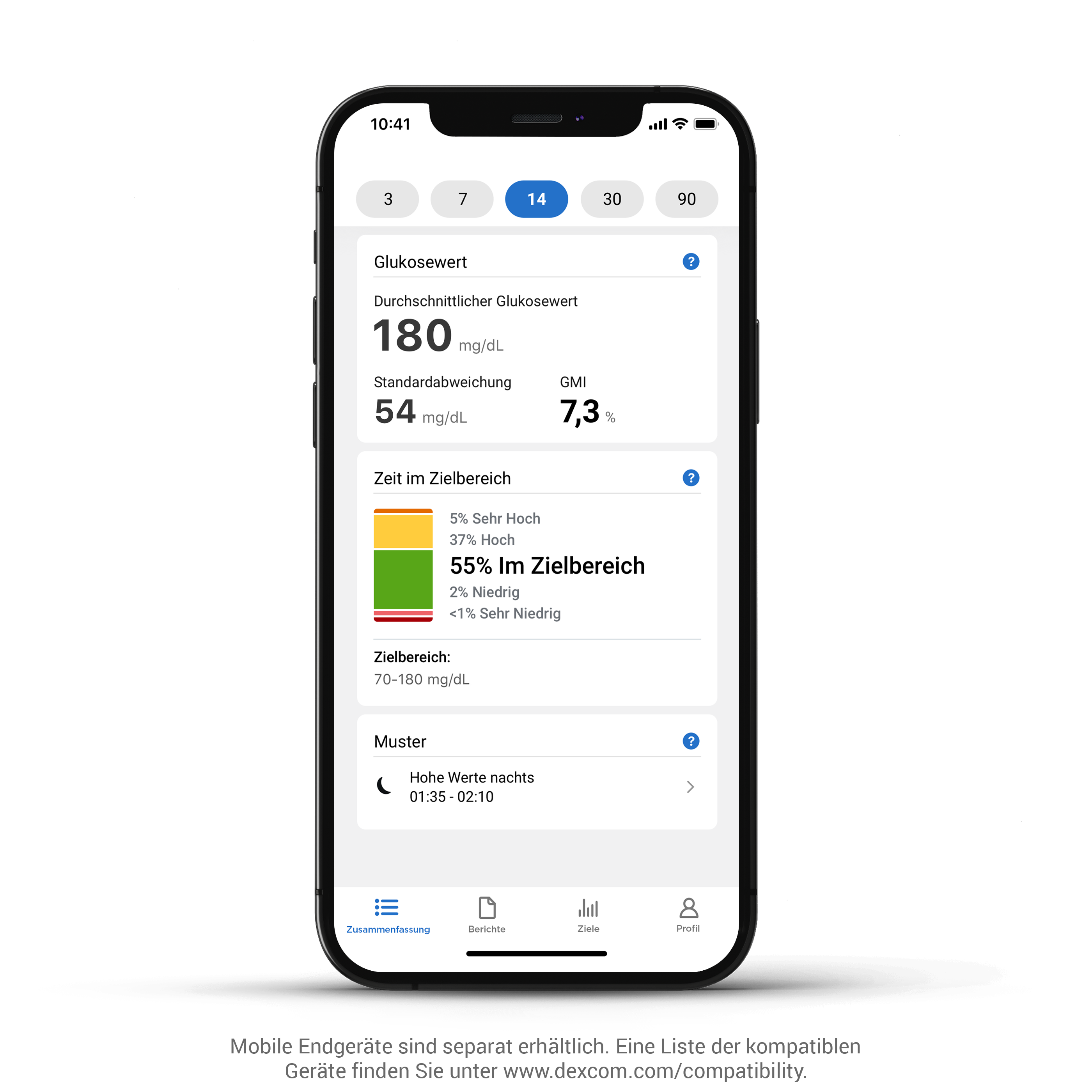 Résumé du glucose et temps dans la plage dans l'application Dexcom G7