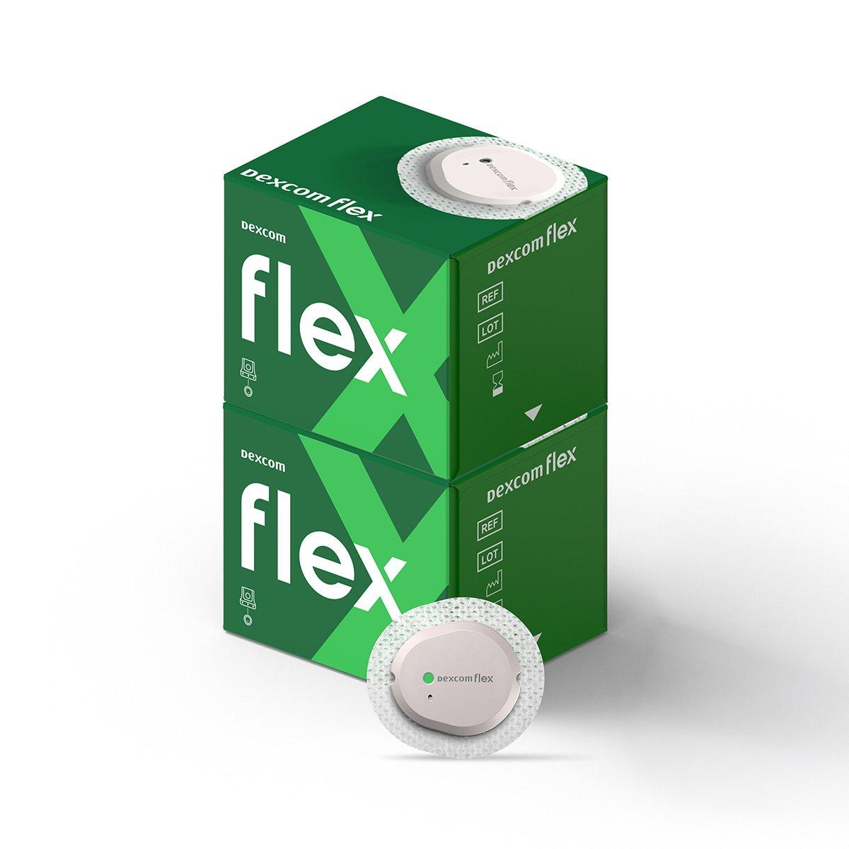Dexcom Flex Logo in weißer Schrift auf dunkelgrünem Hintergrund. 