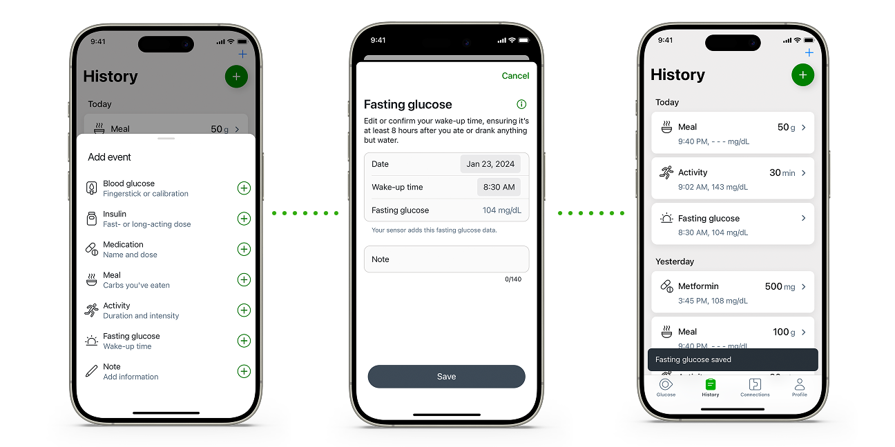 Series of screens on phone for adding fasting glucose event
