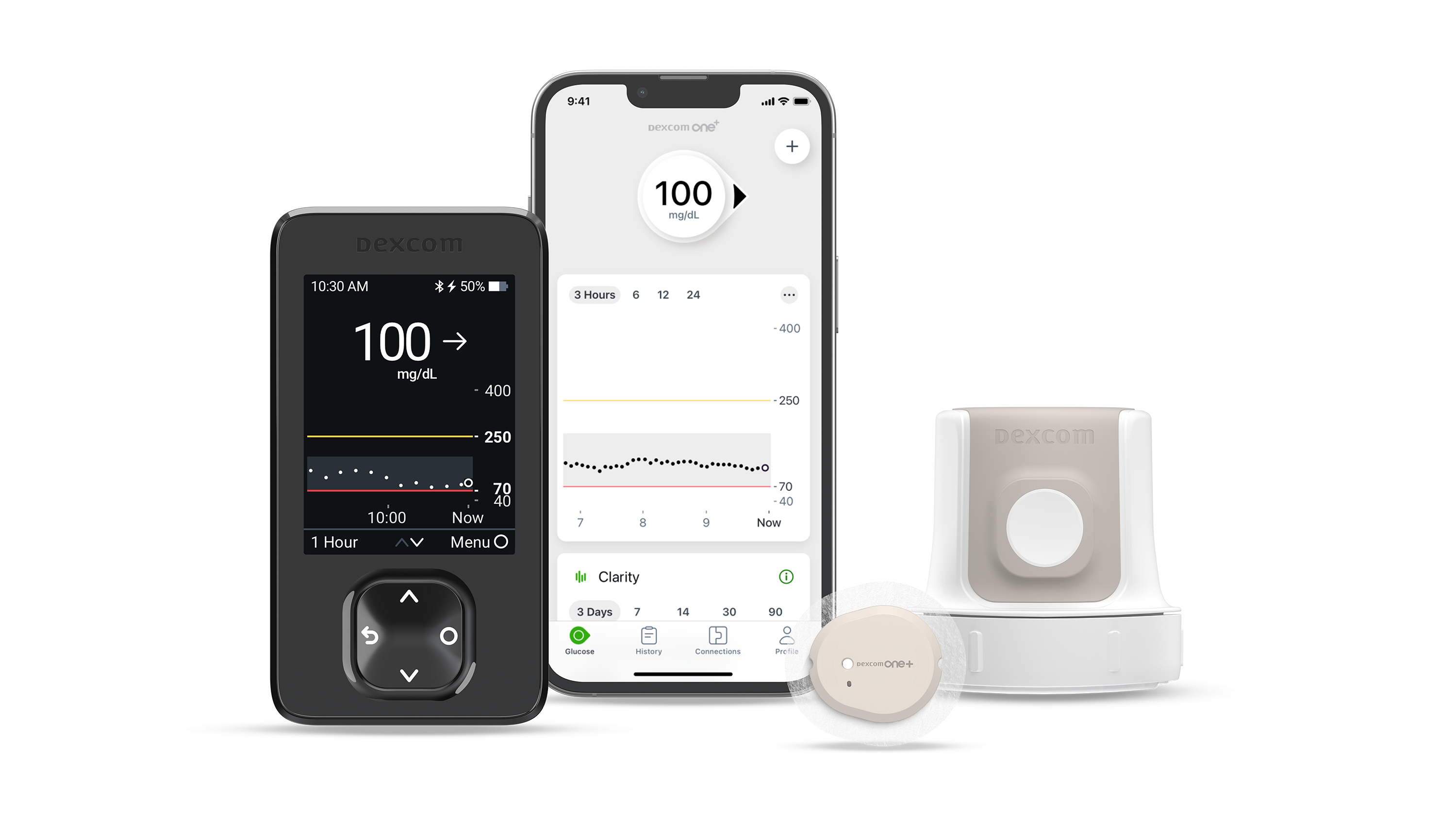 Smartphone showing Dexcom ONE+ app on screen with Dexcom ONE+ sensor
