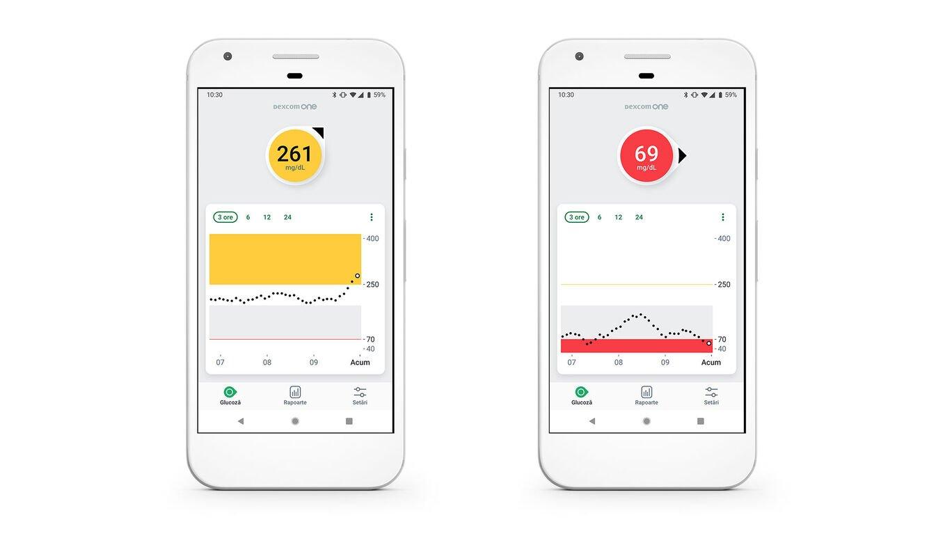 Două smartphone-uri cu aplicație Dexcom ONE și alerte de glucoză