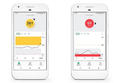 Două smartphone-uri cu aplicație Dexcom ONE și alerte de glucoză