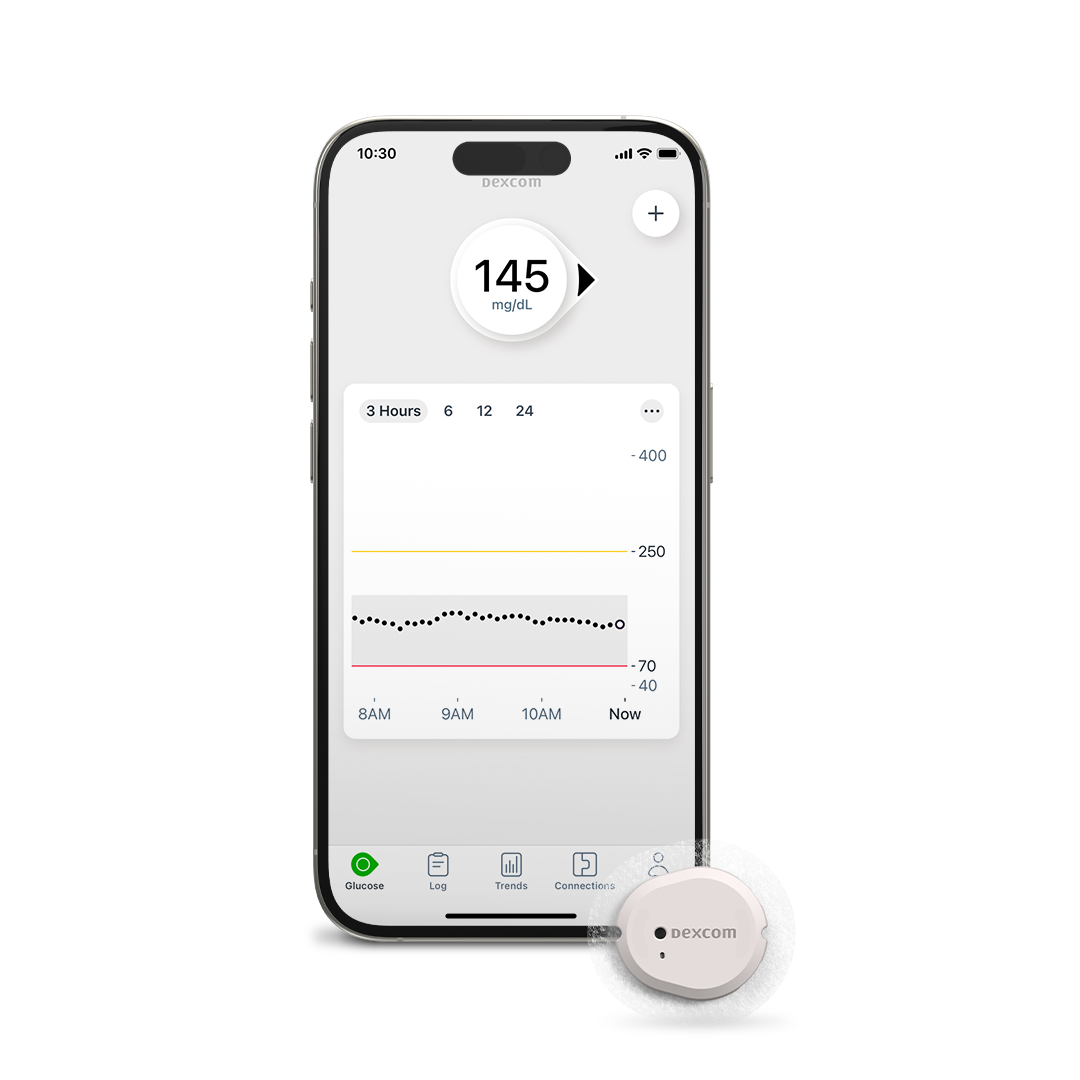 Smartphone showing the Dexcom App with the G7 15 day sensor  - smart devices sold separately