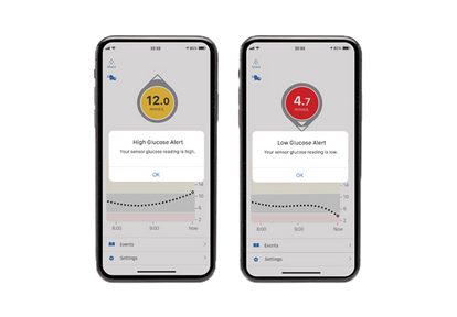High and Low Glucose Alerts in the Dexcom G6 app