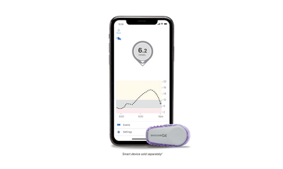 Dexcom G6 sensor and app showing glucose data on a mobile phone, smart device sold separately