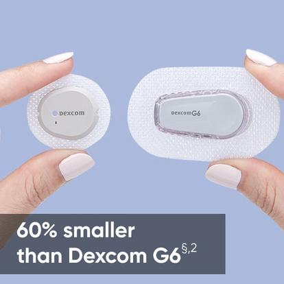 Close-up comparing the sizes between Dexcom G7 and Dexcom G6