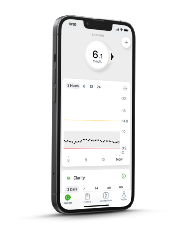 Valeurs du glucose affichées sur l'application Dexcom G7