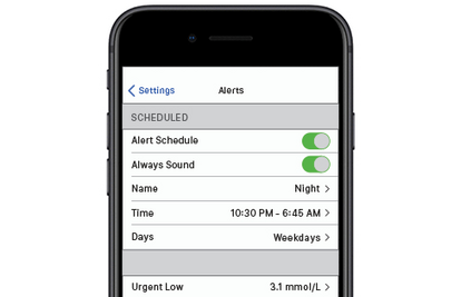 Smart device showing an example of customizing an alert schedule with the Dexcom G6 CGM