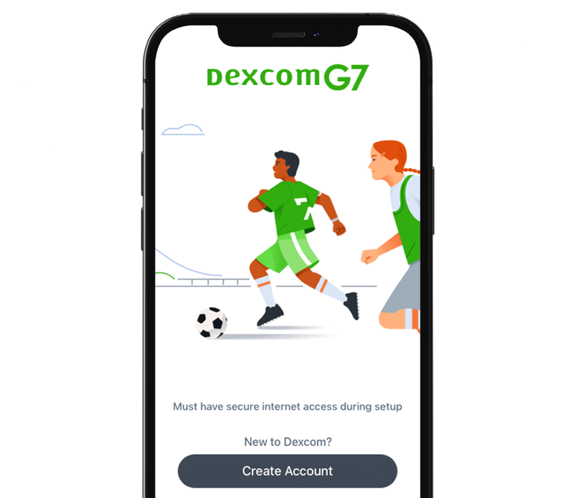 Man putting fruits in a basket while wearing a Dexcom sensor and watching glucose levels on the app