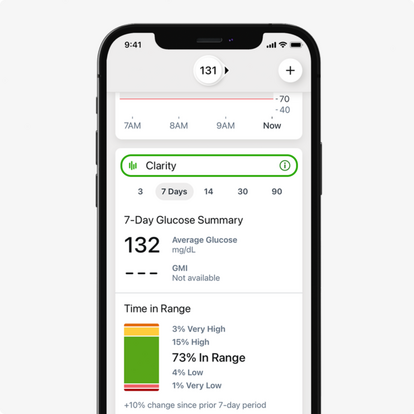 Dexcom G7 CGM App showing Clarity insights