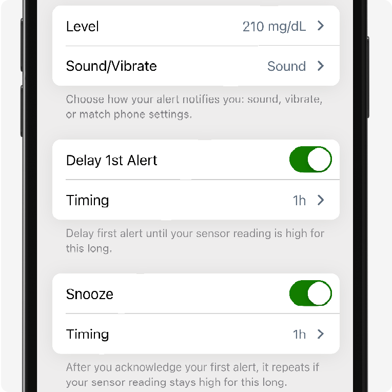 Settings for High Alert - 250 mg/dl selected