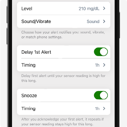 Settings for High Alert - 250 mg/dl selected