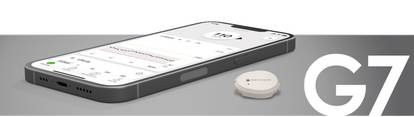 smart phone with app displayed next to G7 logo and sensor showcased on grey background