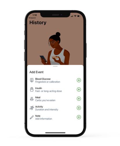 Dexcom G7 App showing the ability to log and track events