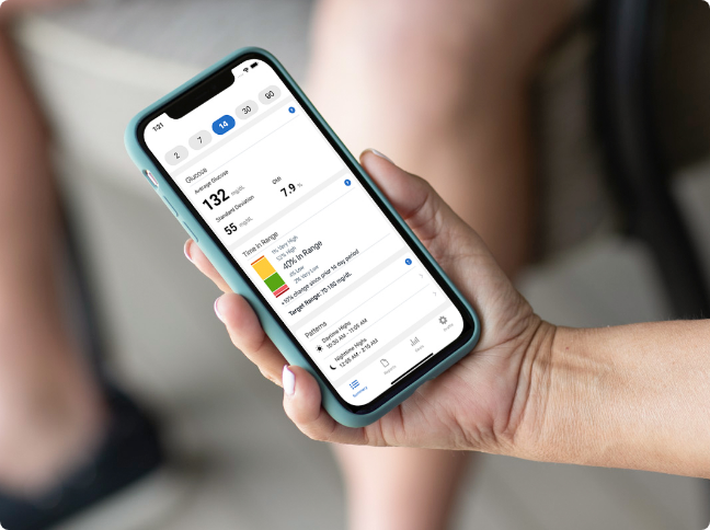 Dexcom Clarity screen with dashboard showing data on glucose levels, time in range, sensor usage