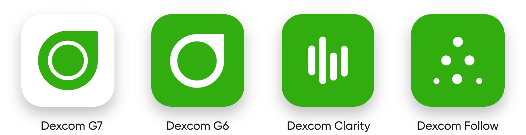 Icons for Dexcom G7, Dexcom G6, Dexcom Clarity, and Dexcom Follow