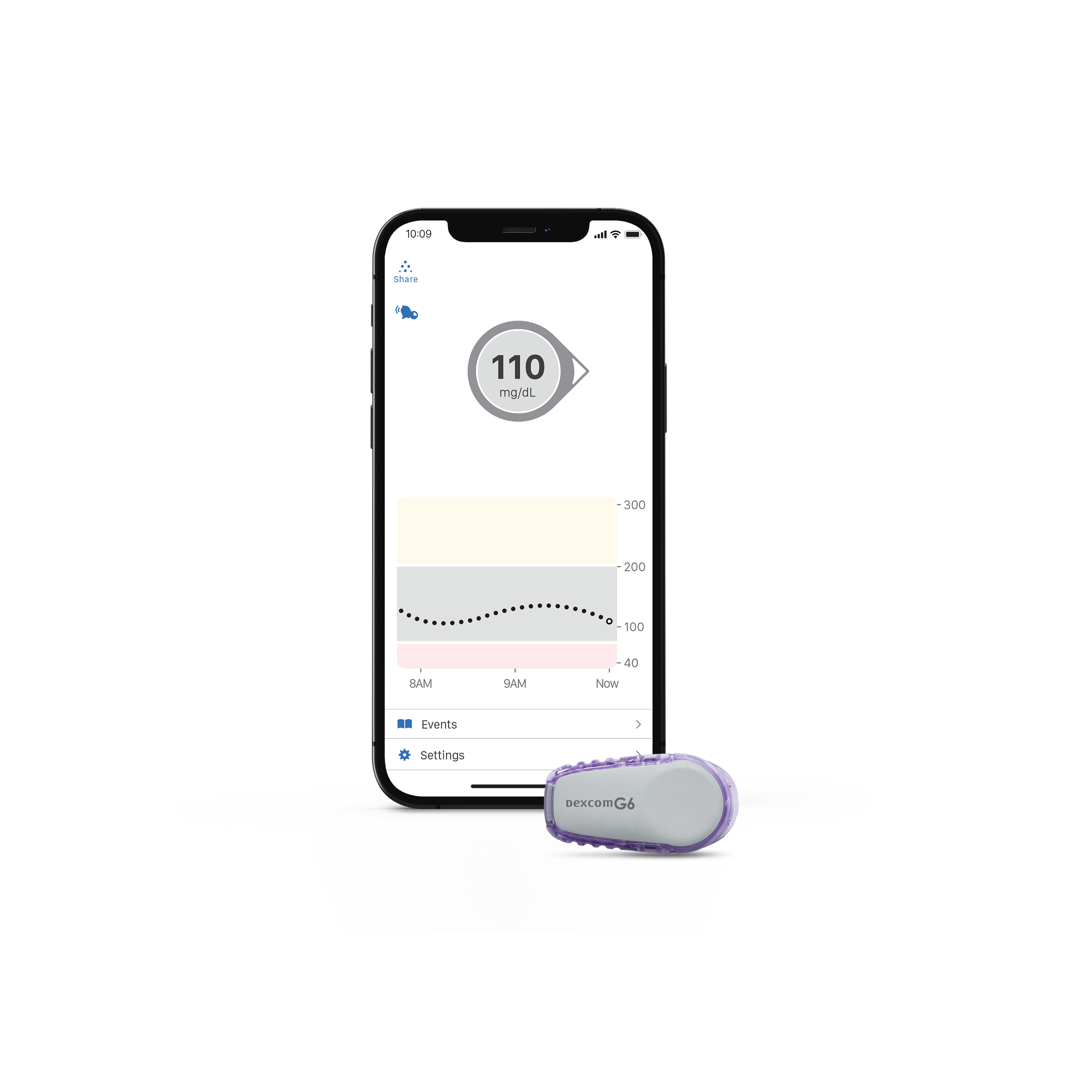 dexcom g6 app screen on smart phone with dexcom g6 sensor